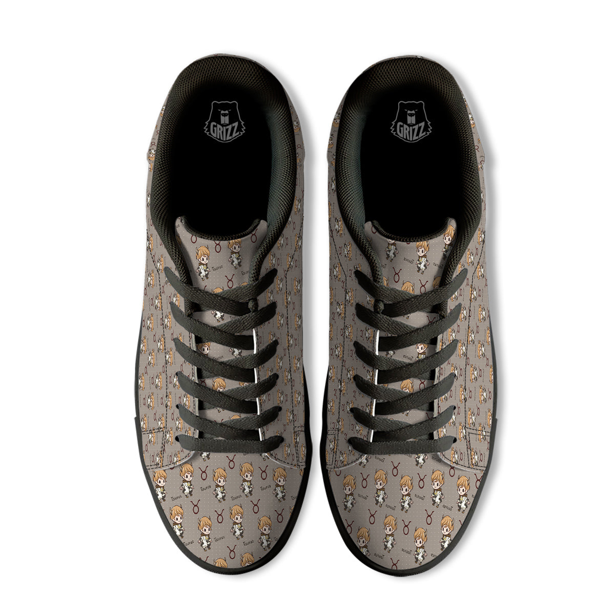 Taurus Cute Cartoon Print Pattern Black Low Top Sneakers-grizzshop