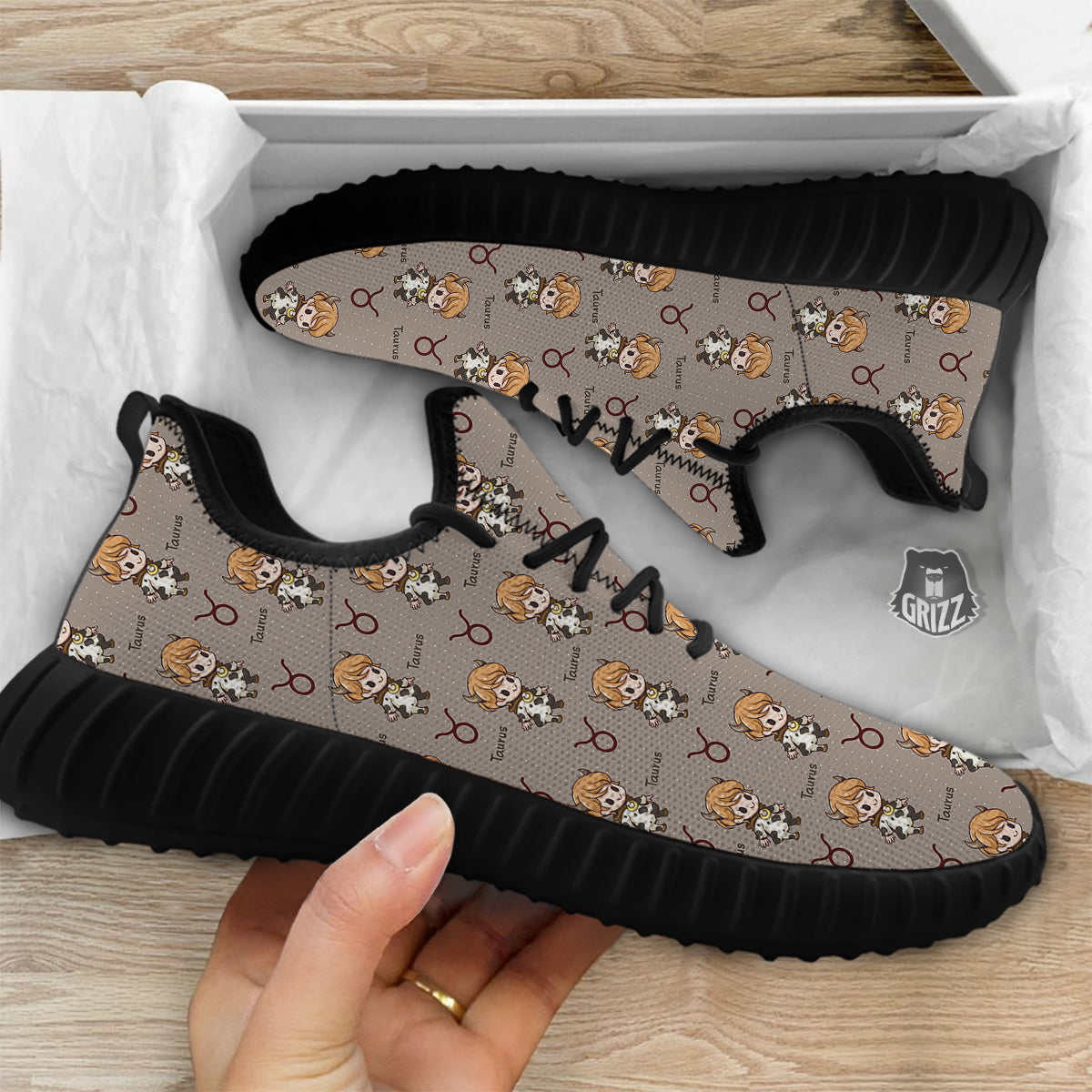 Taurus Cute Cartoon Print Pattern Black Walking Shoes-grizzshop