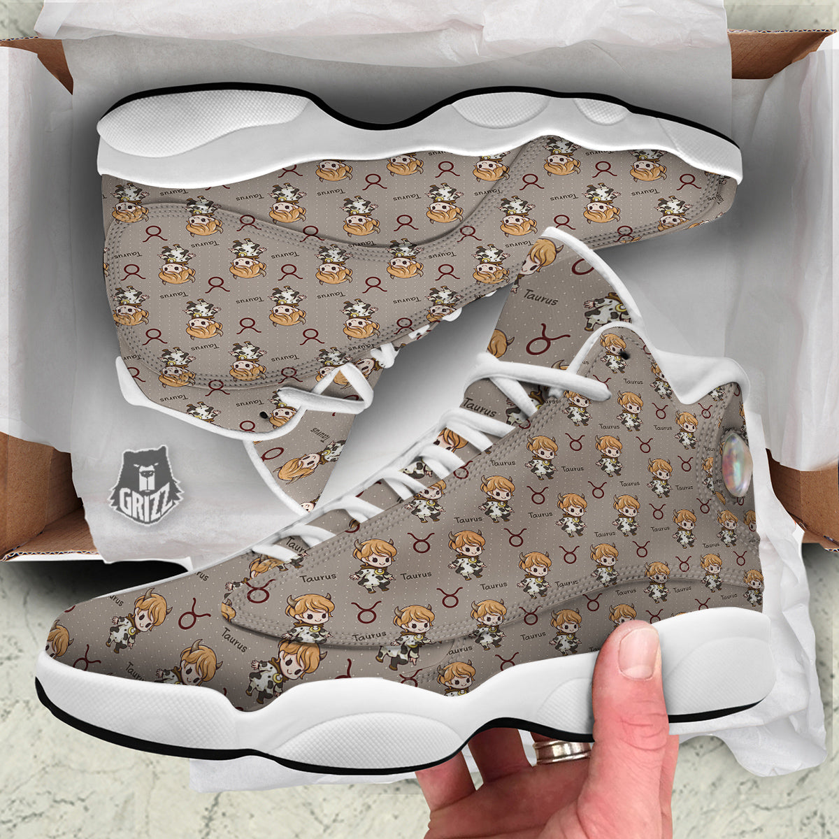 Taurus Cute Cartoon Print Pattern White Basketball Shoes-grizzshop