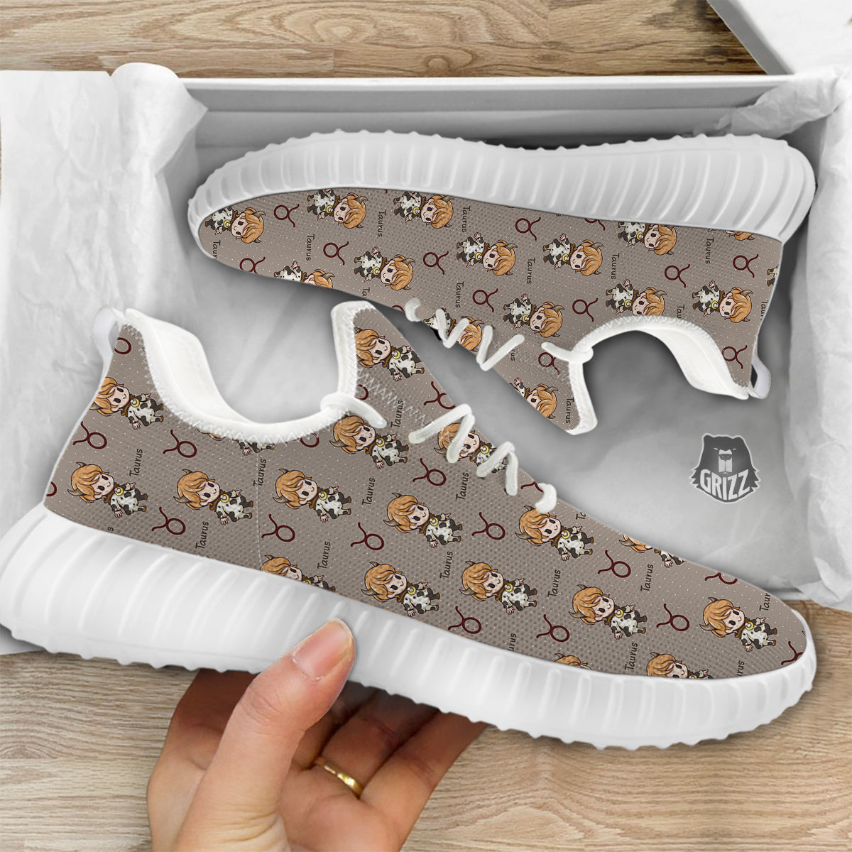Taurus Cute Cartoon Print Pattern White Walking Shoes-grizzshop