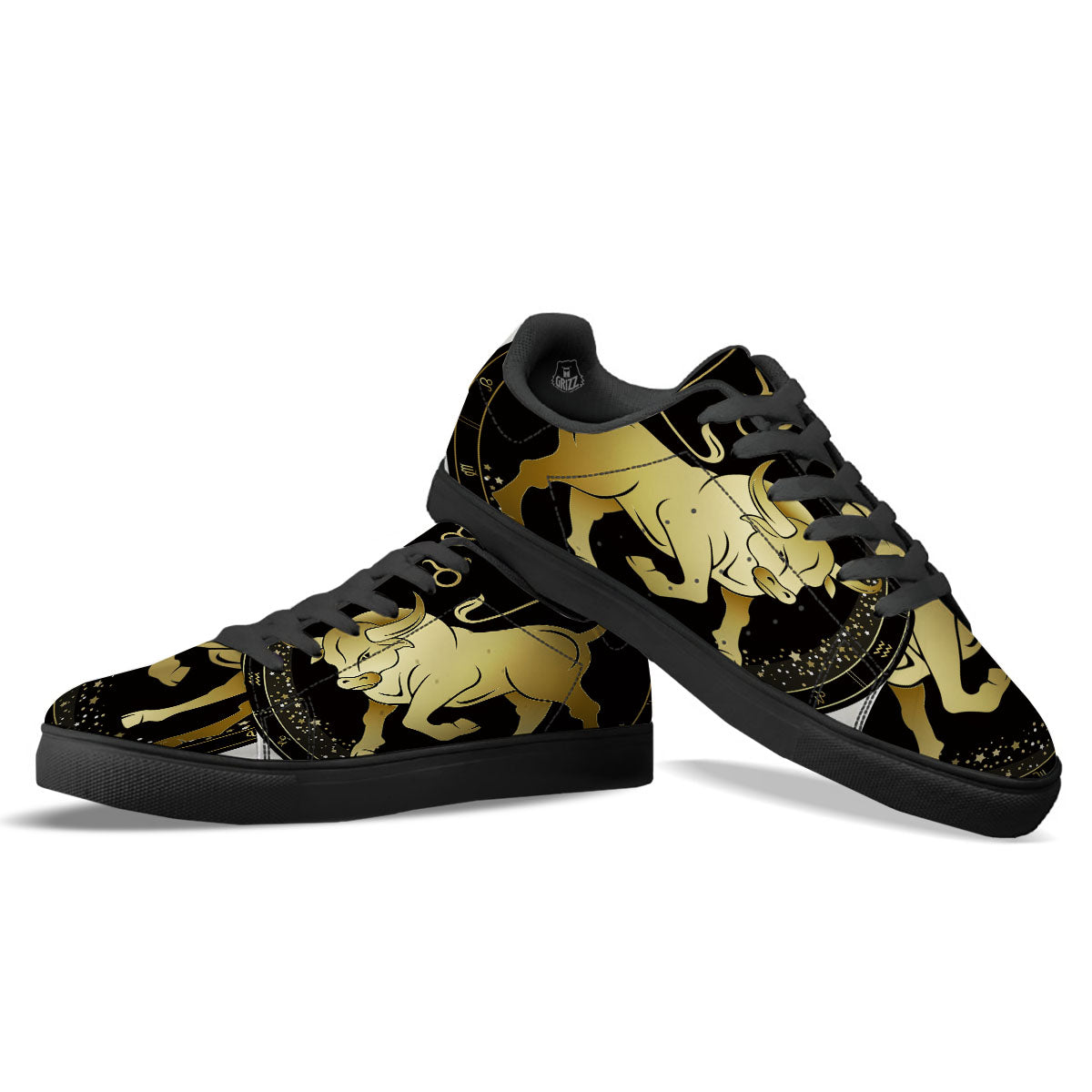 Taurus Sign Black And Gold Print Black Low Top Sneakers-grizzshop