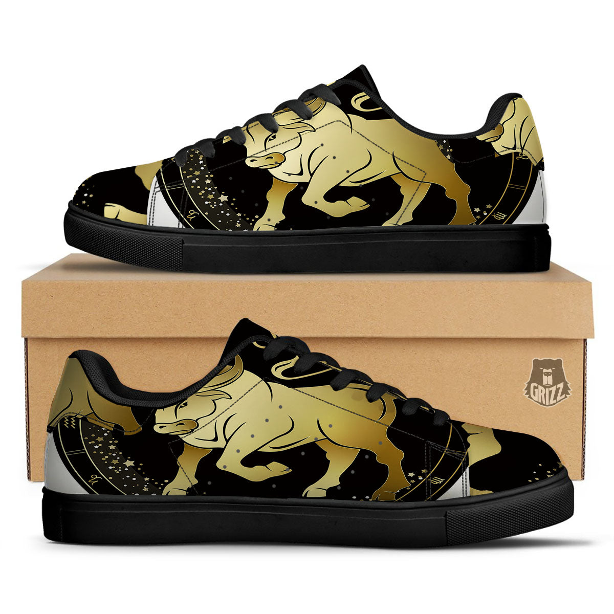 Taurus Sign Black And Gold Print Black Low Top Sneakers-grizzshop