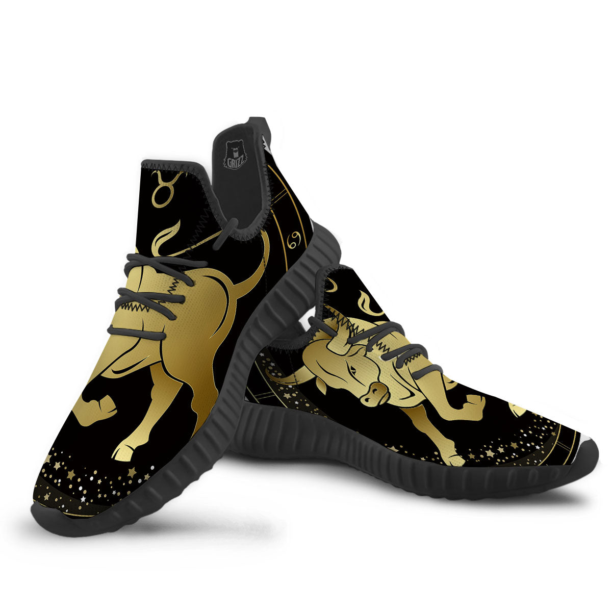 Taurus Sign Black And Gold Print Black Walking Shoes-grizzshop