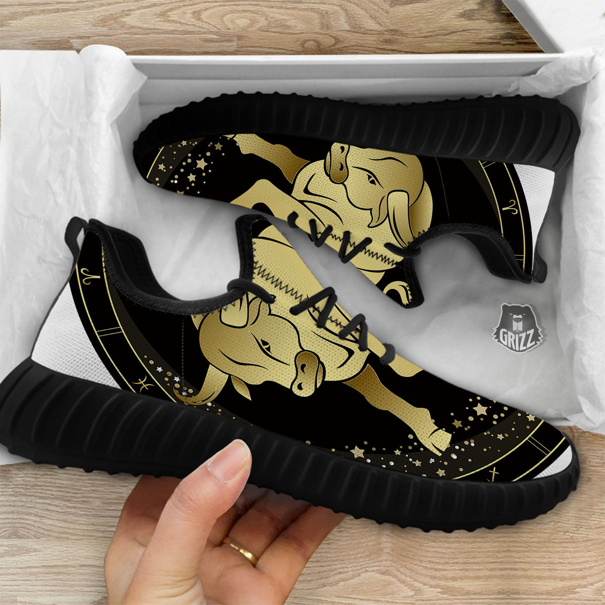 Taurus Sign Black And Gold Print Black Walking Shoes-grizzshop