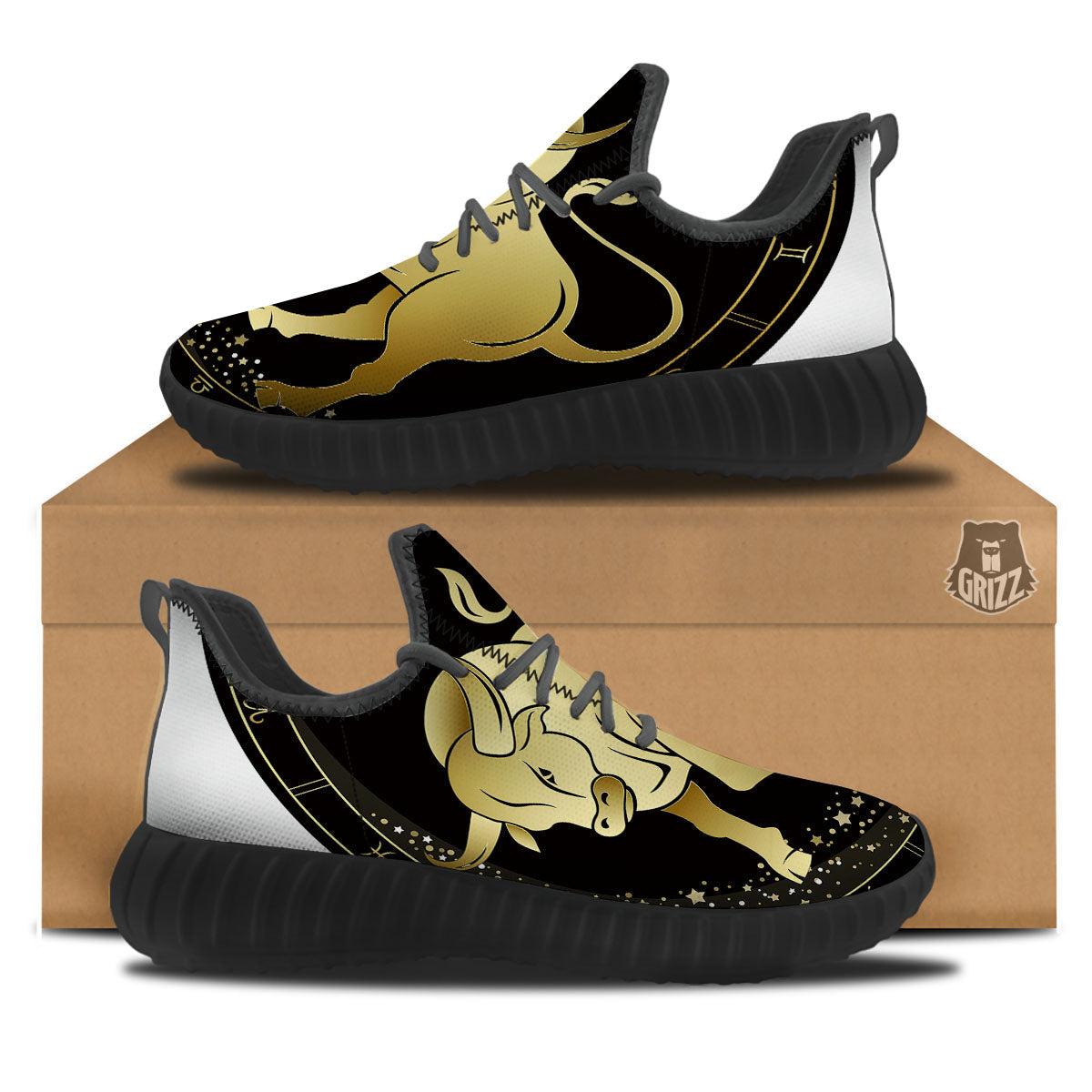 Taurus Sign Black And Gold Print Black Walking Shoes-grizzshop