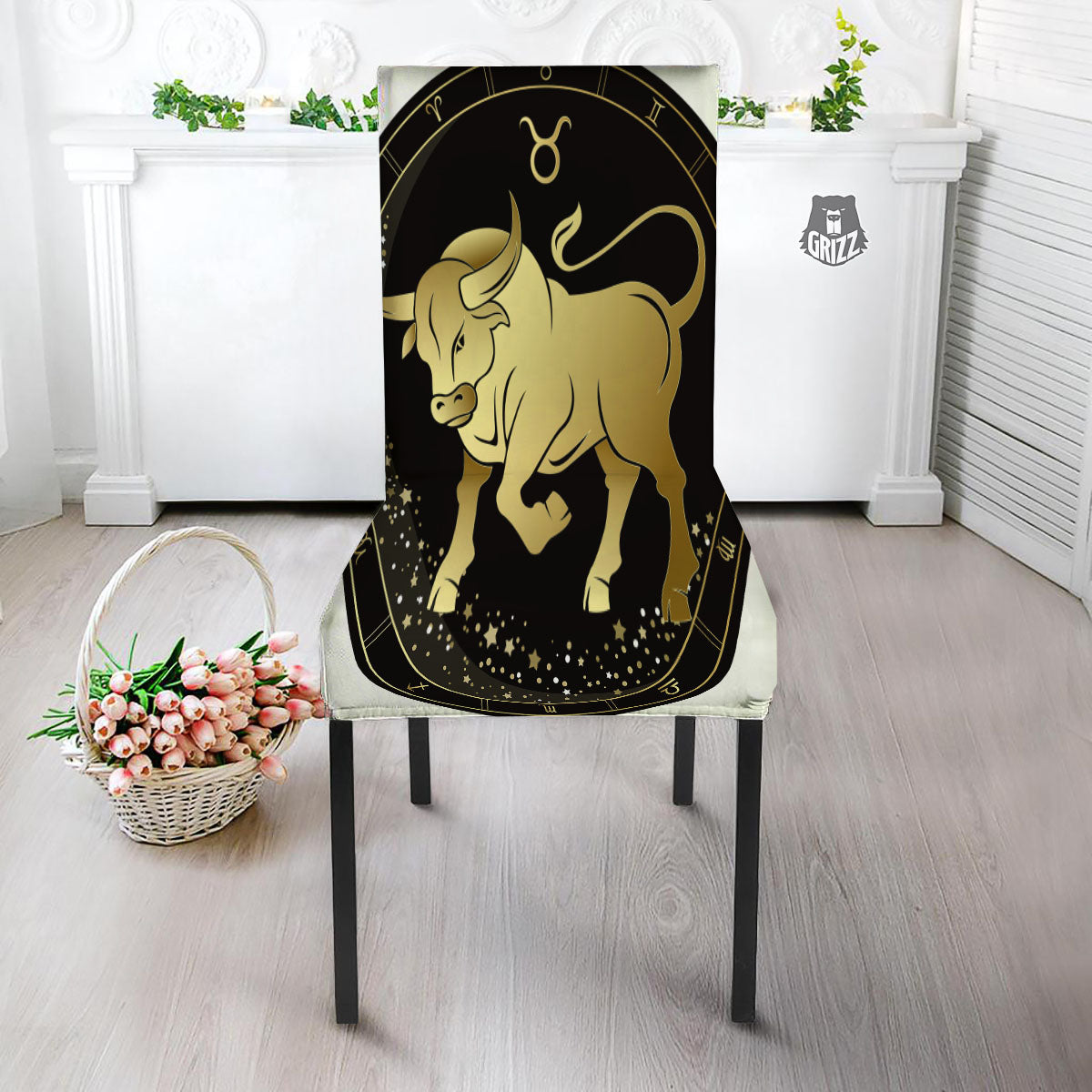 Taurus Sign Black And Gold Print Dining Chair Slipcover-grizzshop