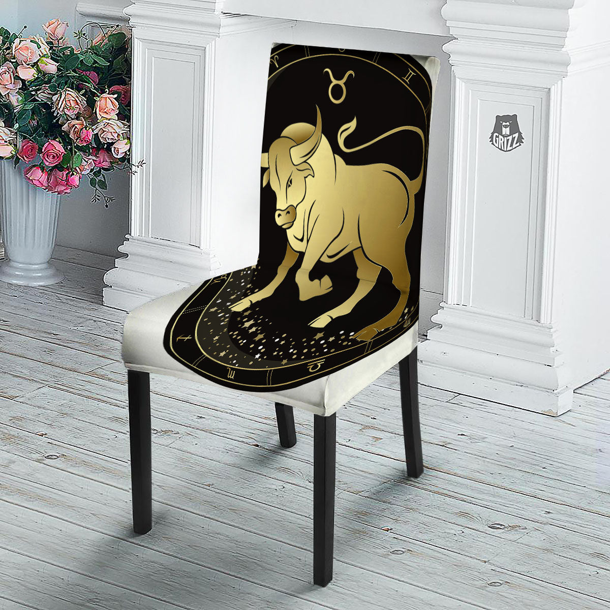 Taurus Sign Black And Gold Print Dining Chair Slipcover-grizzshop