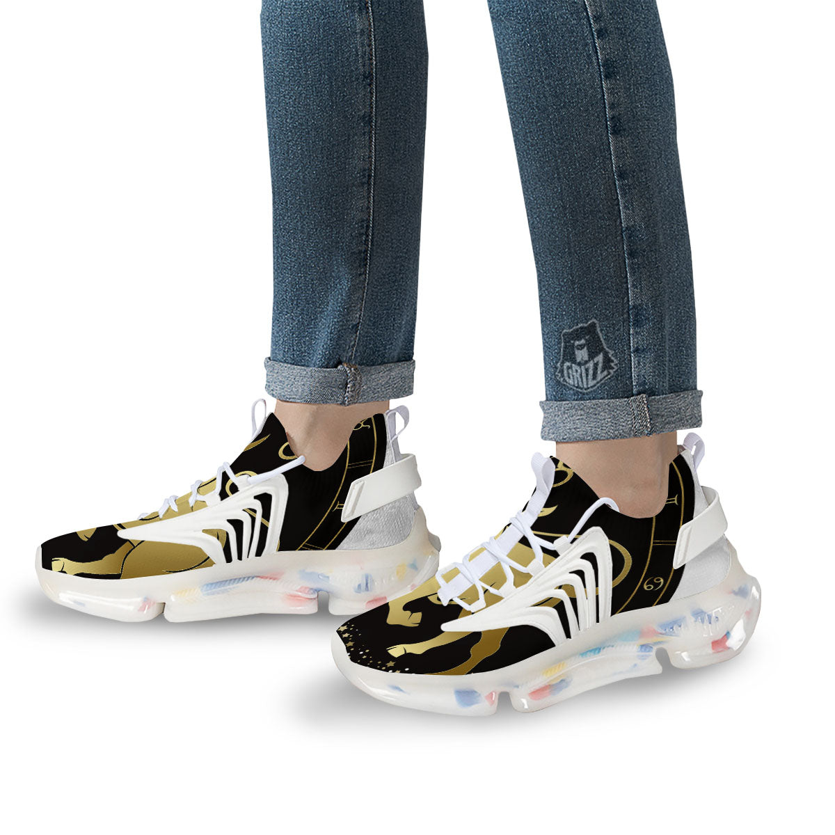 Taurus Sign Black And Gold Print White Gym Shoes-grizzshop