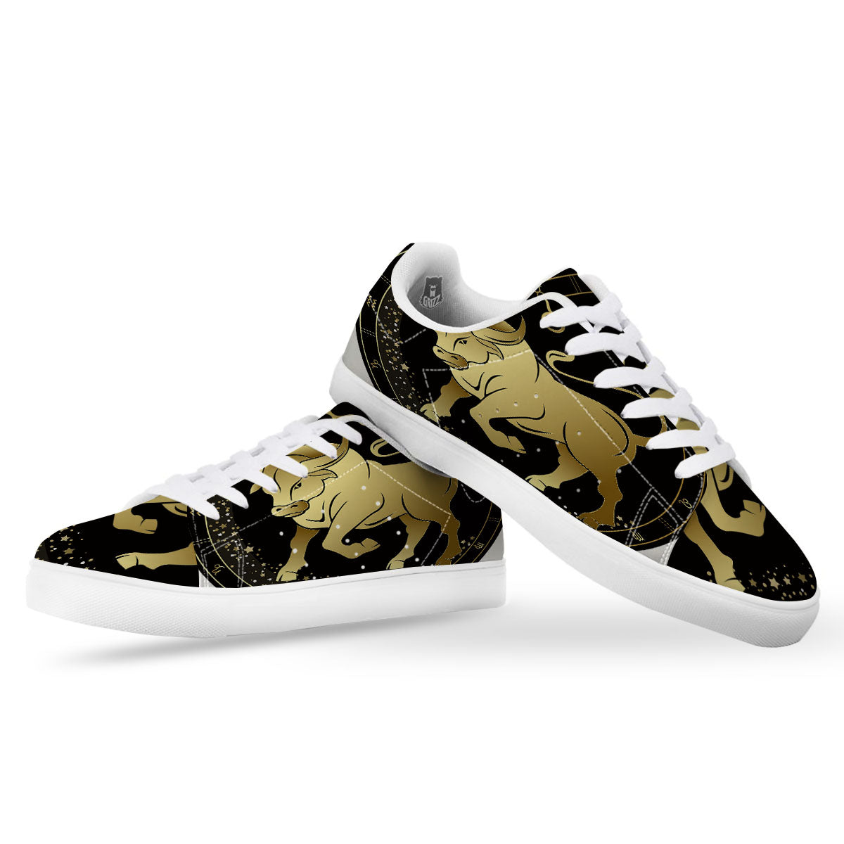 Taurus Sign Black And Gold Print White Low Top Sneakers-grizzshop