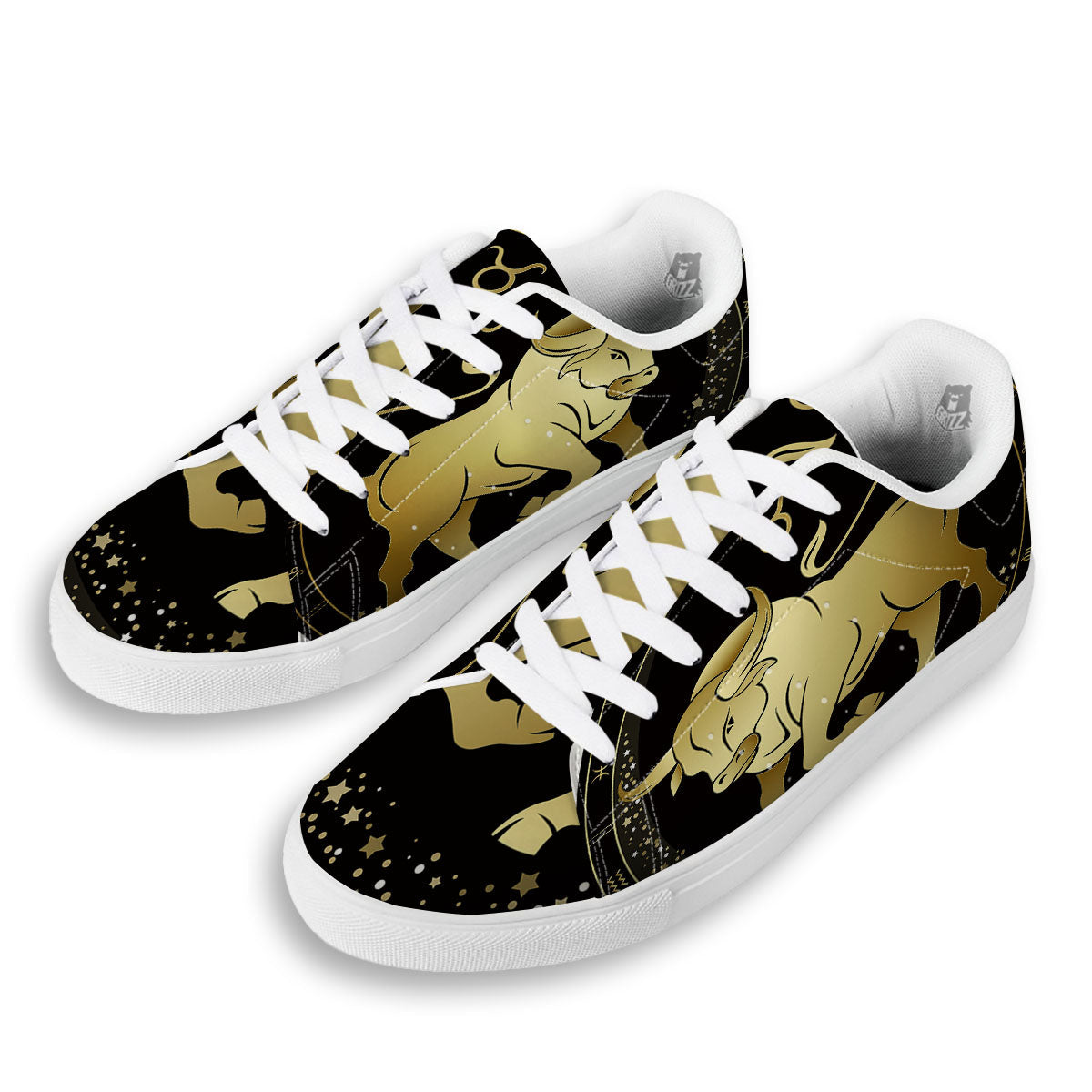 Taurus Sign Black And Gold Print White Low Top Sneakers-grizzshop