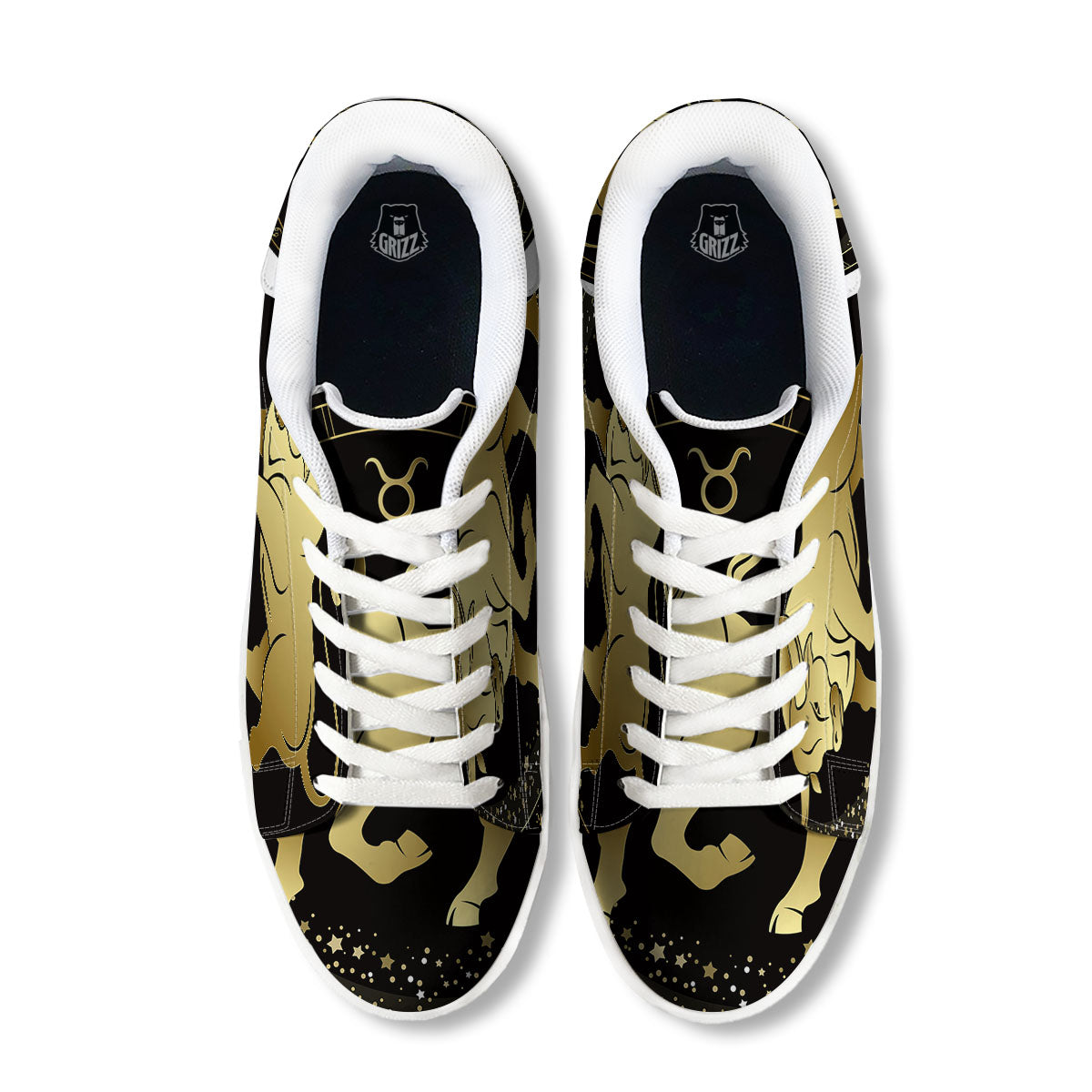 Taurus Sign Black And Gold Print White Low Top Sneakers-grizzshop