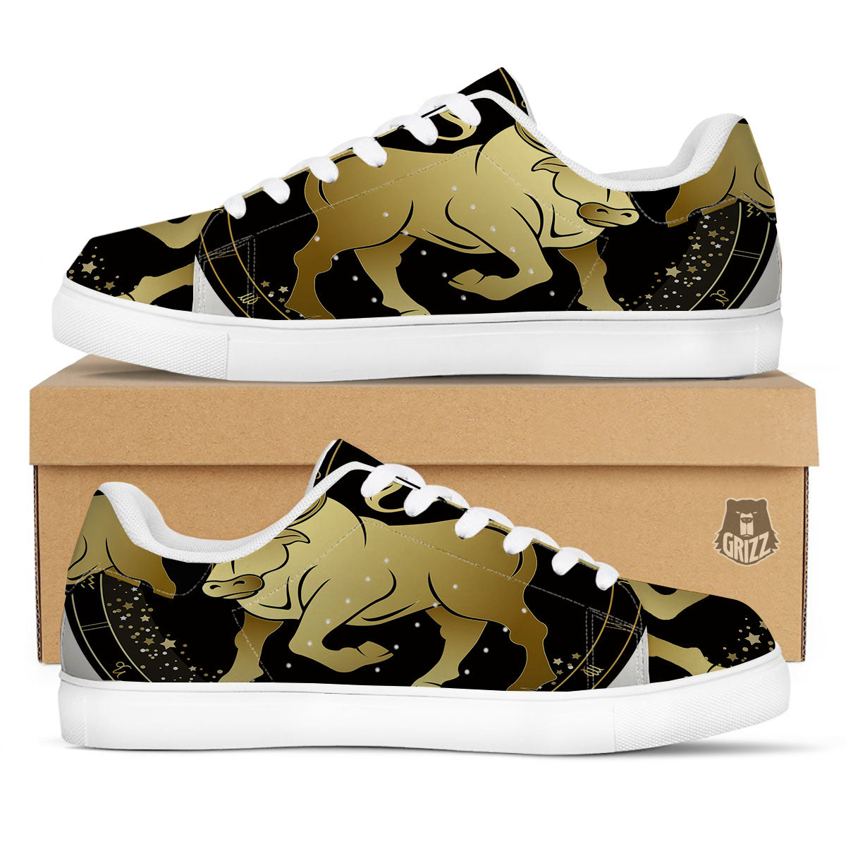 Taurus Sign Black And Gold Print White Low Top Sneakers-grizzshop