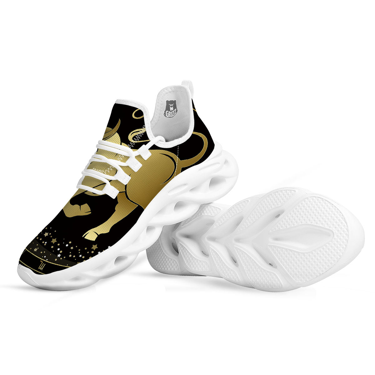 Taurus Sign Black And Gold Print White Running Shoes-grizzshop