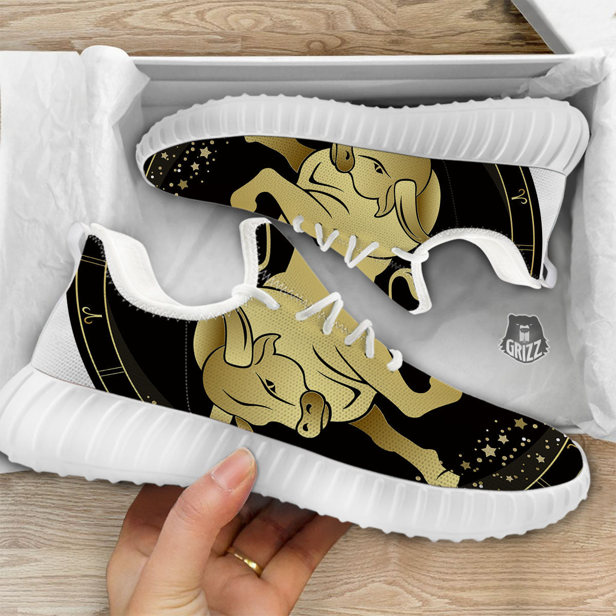 Taurus Sign Black And Gold Print White Walking Shoes-grizzshop