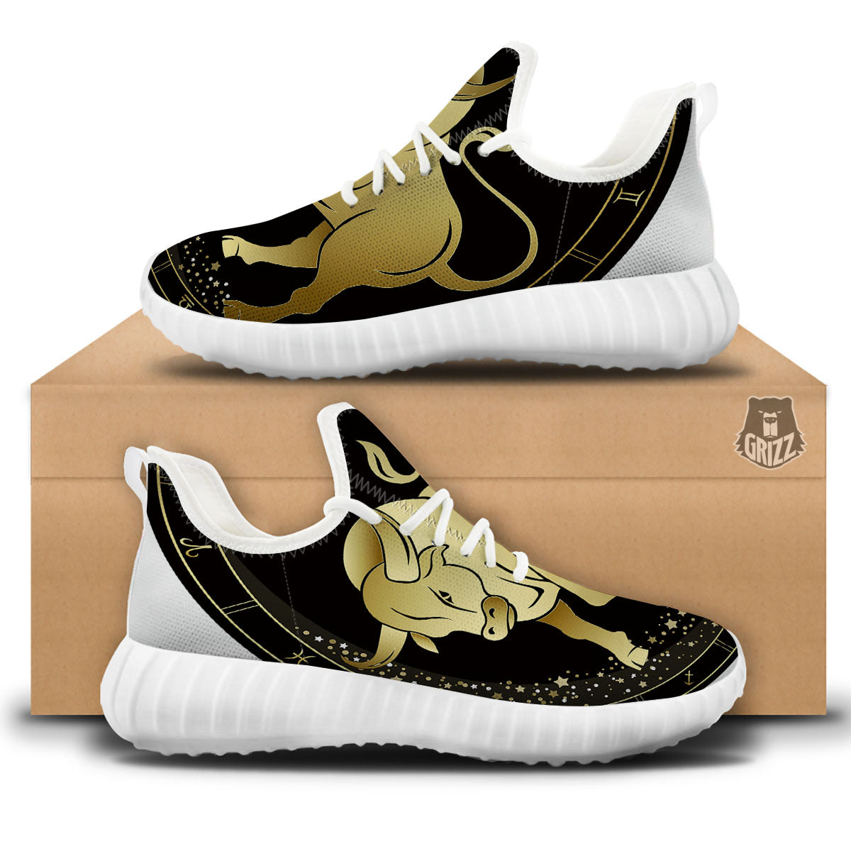 Taurus Sign Black And Gold Print White Walking Shoes-grizzshop
