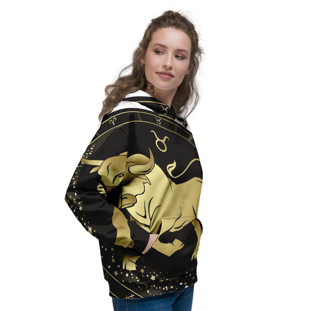Taurus Sign Black And Gold Print Women's Hoodie-grizzshop