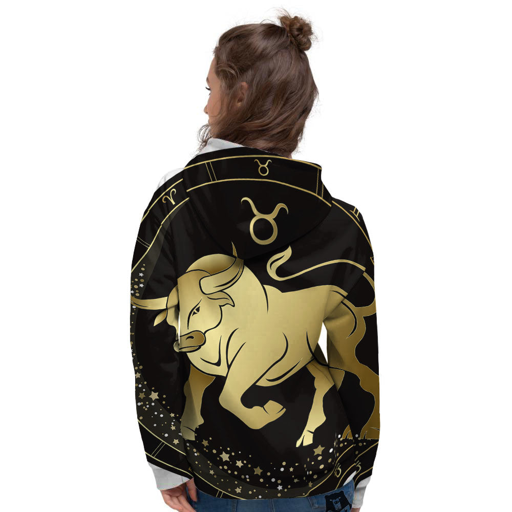 Taurus Sign Black And Gold Print Women's Hoodie-grizzshop