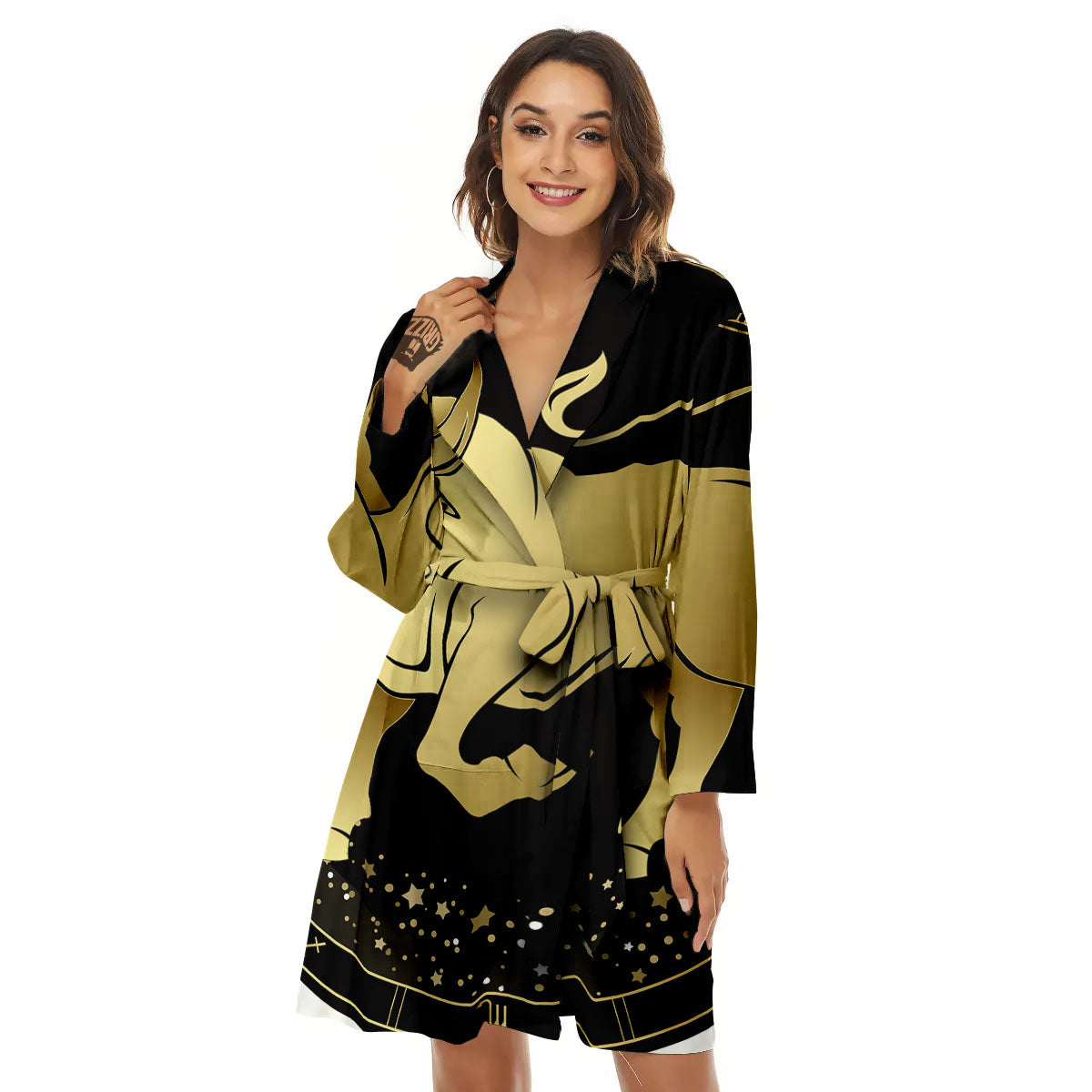 Taurus Sign Black And Gold Print Women's Robe-grizzshop