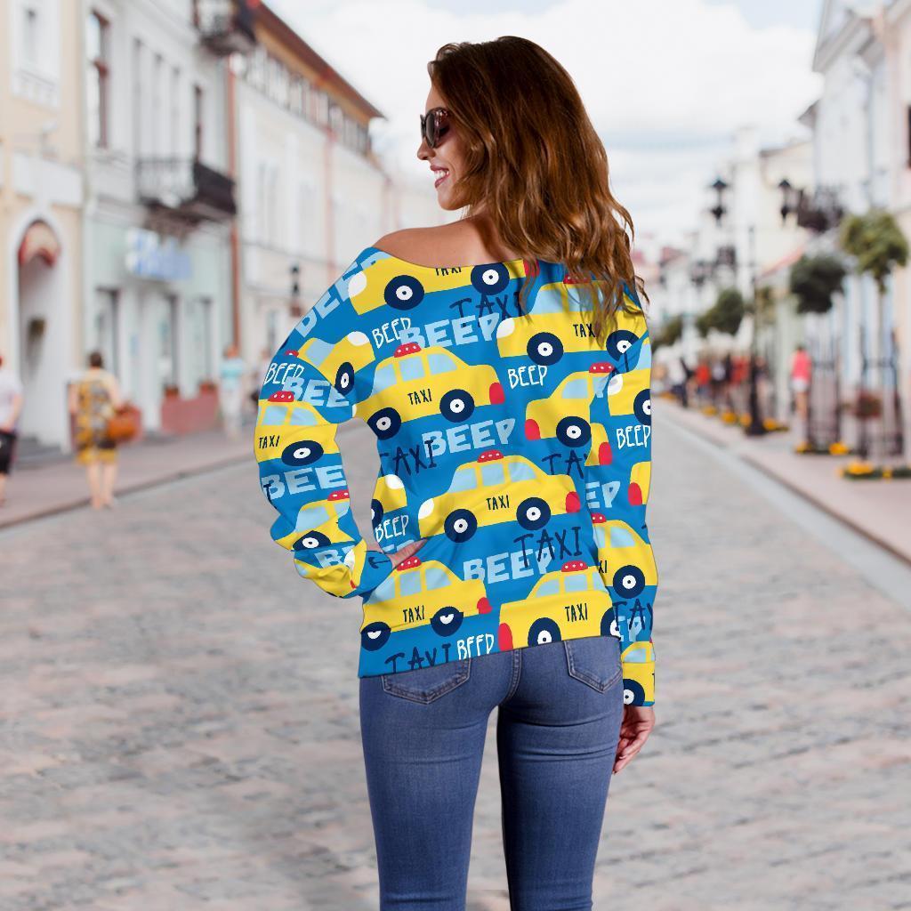 Taxi Car Pattern Print Women Off Shoulder Sweatshirt-grizzshop