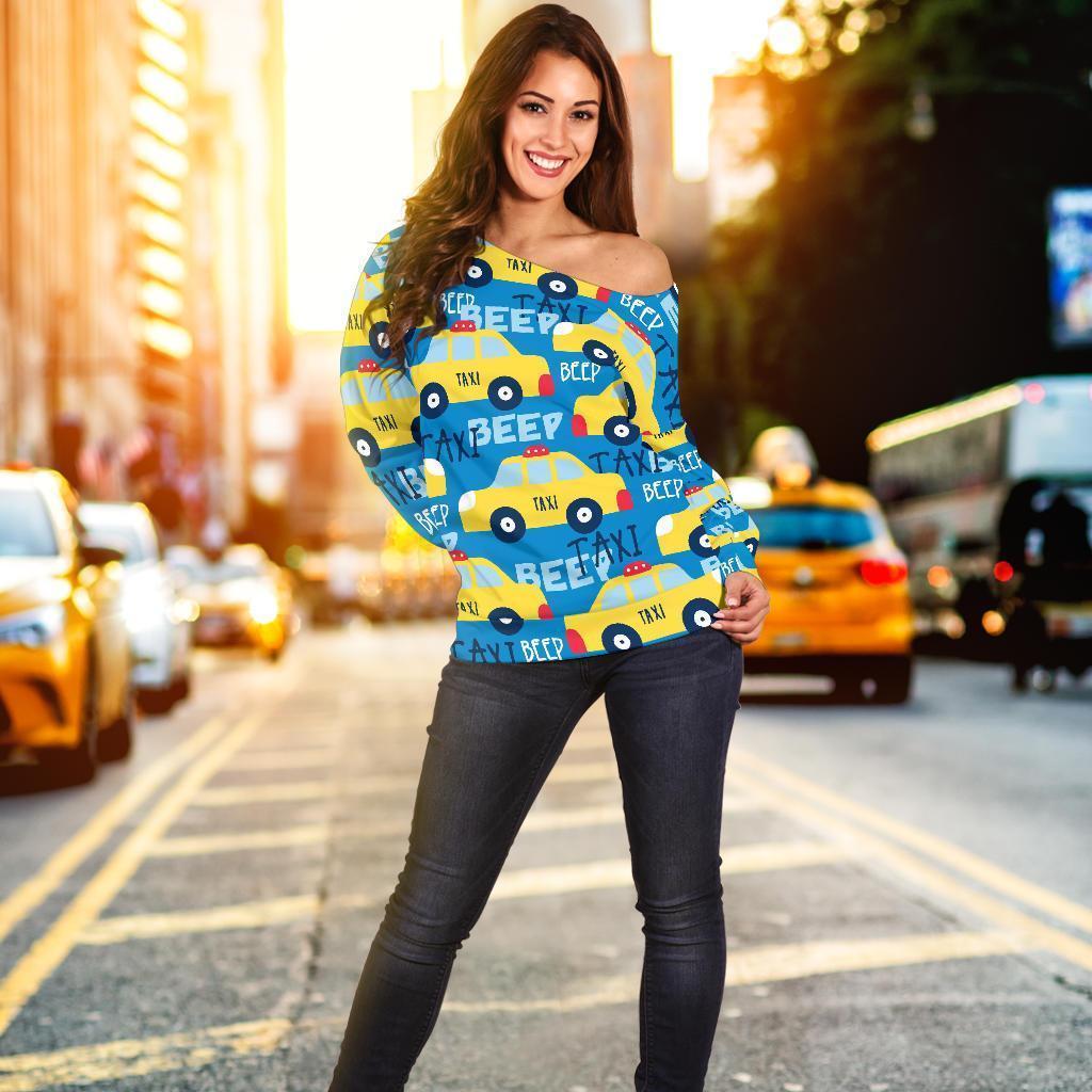 Taxi Car Pattern Print Women Off Shoulder Sweatshirt-grizzshop