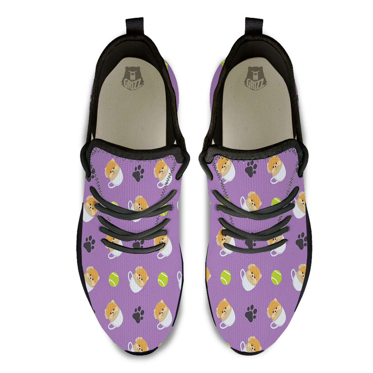 Tea Cup Pomeranian Print Pattern Black Athletic Shoes-grizzshop