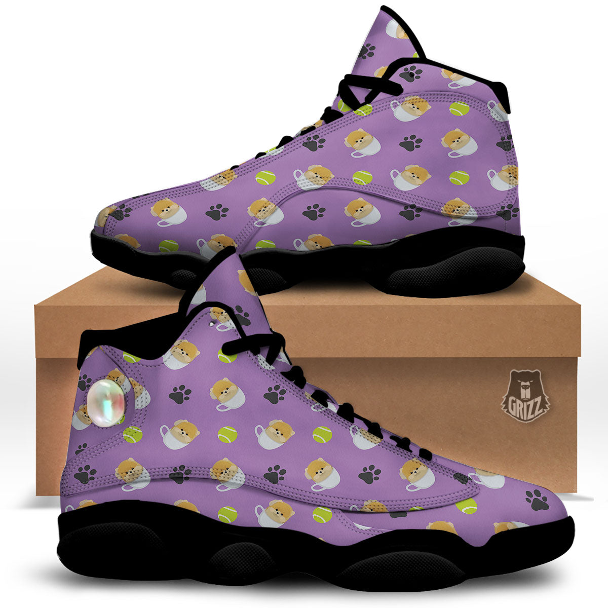 Tea Cup Pomeranian Print Pattern Black Basketball Shoes-grizzshop