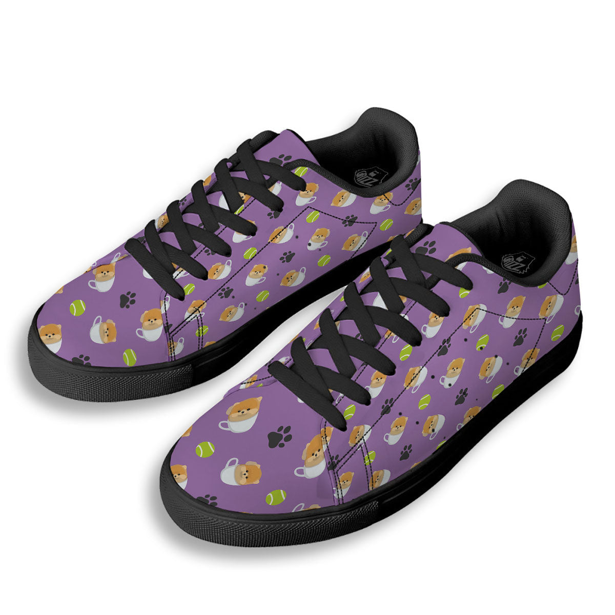 Tea Cup Pomeranian Print Pattern Black Low Top Sneakers-grizzshop