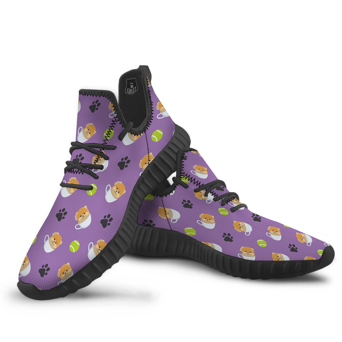 Tea Cup Pomeranian Print Pattern Black Walking Shoes-grizzshop