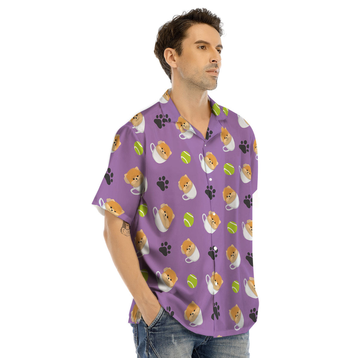 Tea Cup Pomeranian Print Pattern Men's Hawaiian Shirt-grizzshop