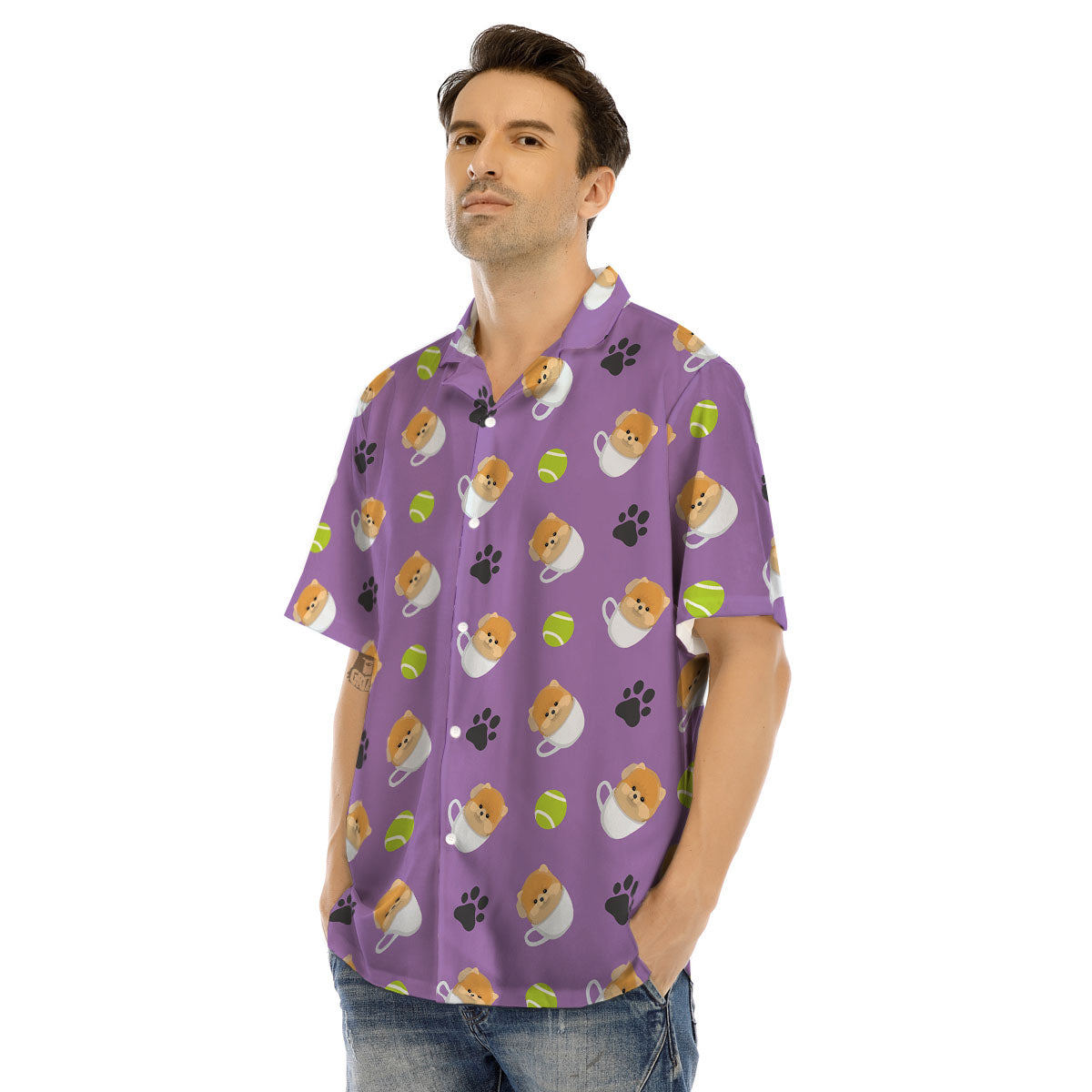 Tea Cup Pomeranian Print Pattern Men's Hawaiian Shirt-grizzshop