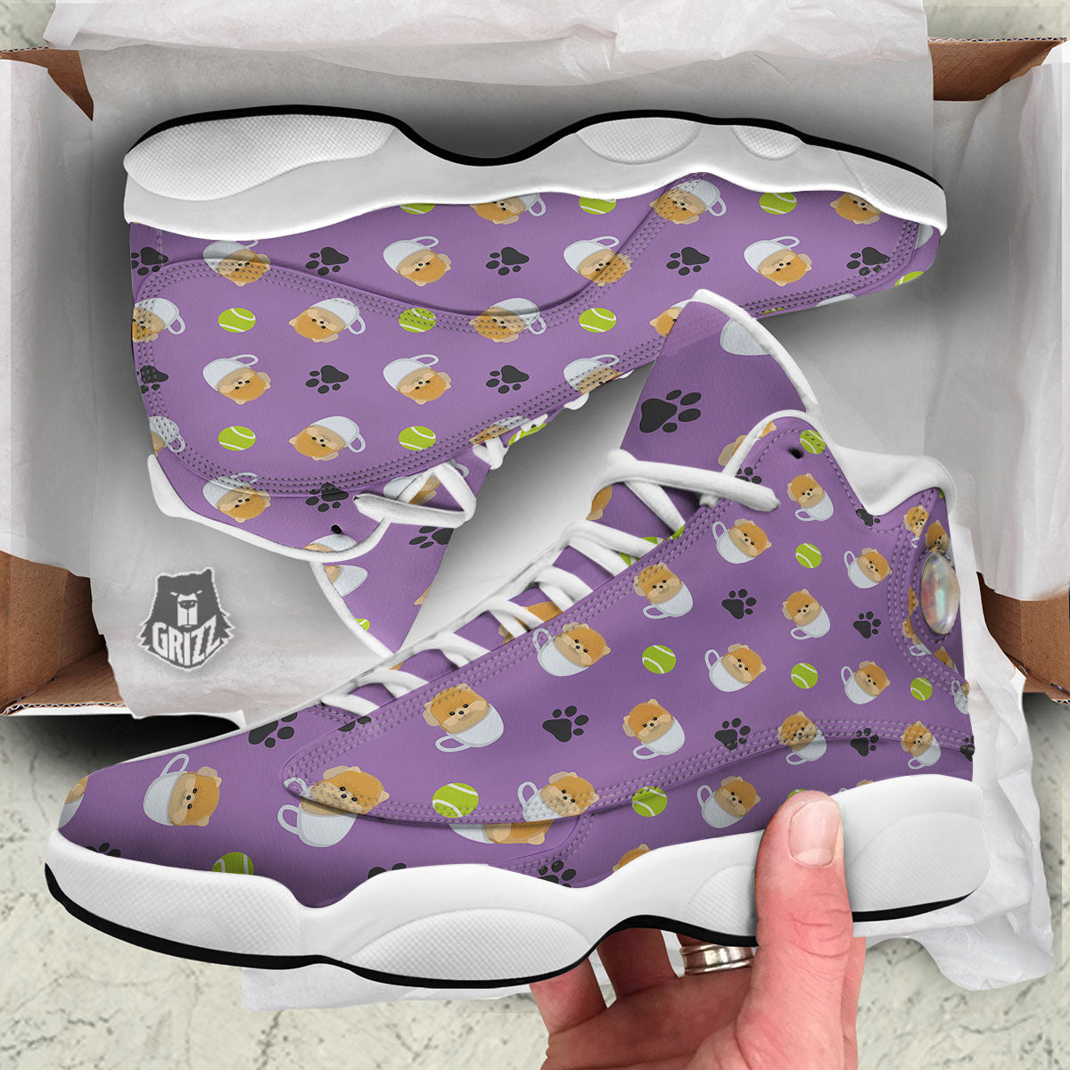Tea Cup Pomeranian Print Pattern White Basketball Shoes-grizzshop
