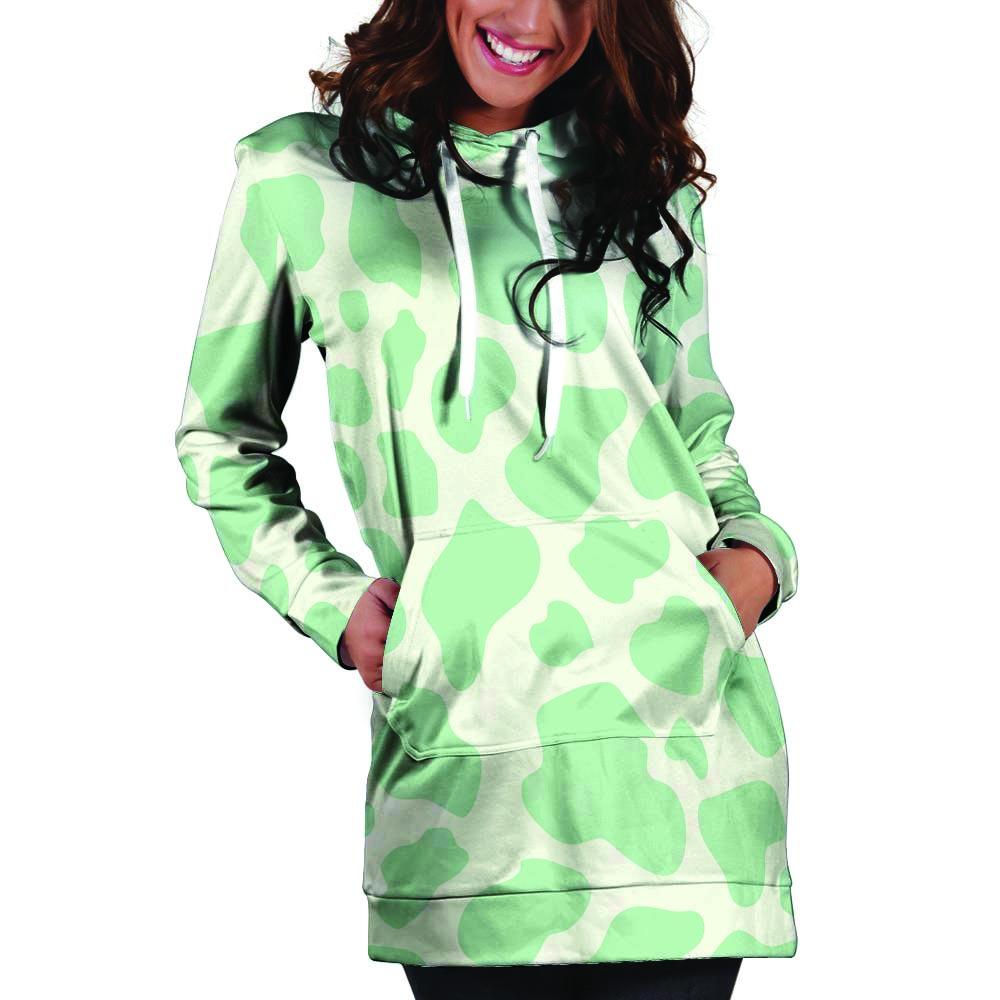 Teal And White Cow Print Hoodie Dress-grizzshop