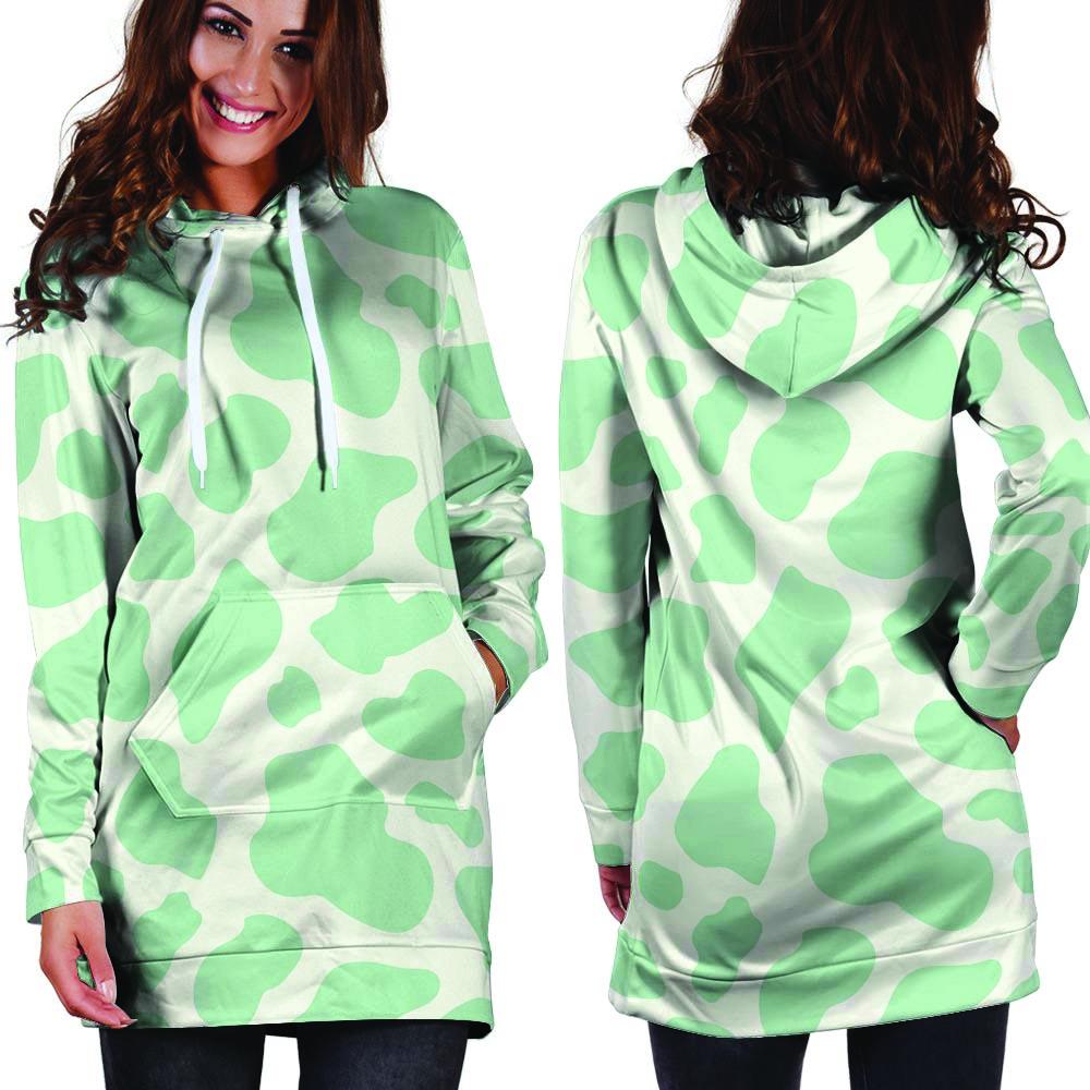 Teal And White Cow Print Hoodie Dress-grizzshop