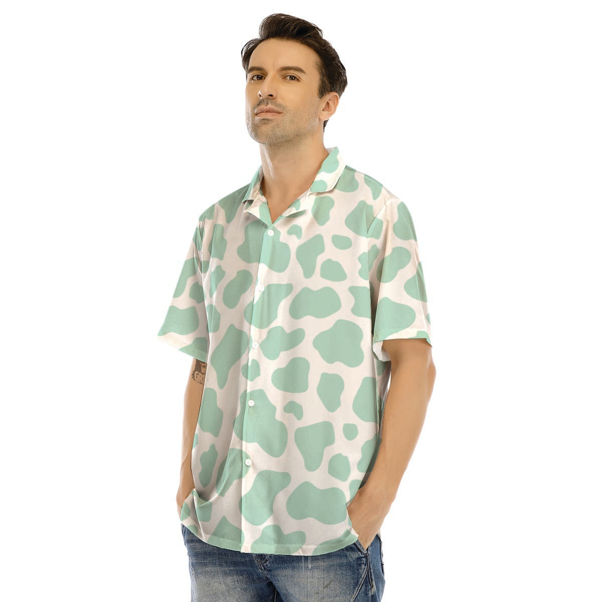 Teal And White Cow Print Men’s Hawaiian Shirt-grizzshop