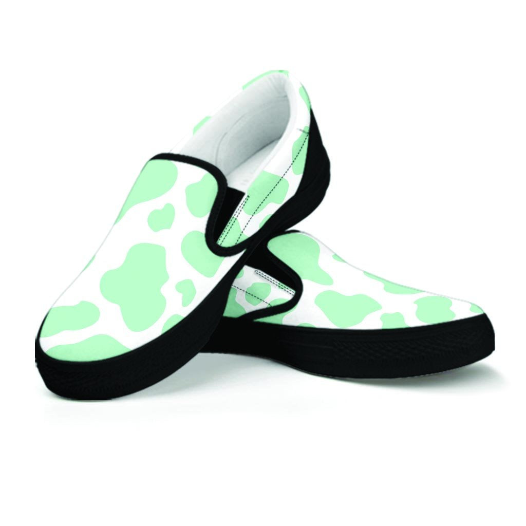 Teal And White Cow Print Women's Slip On Sneakers-grizzshop