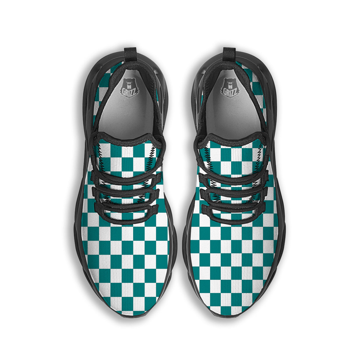 Teal Checkered Flag Print Black Running Shoes-grizzshop