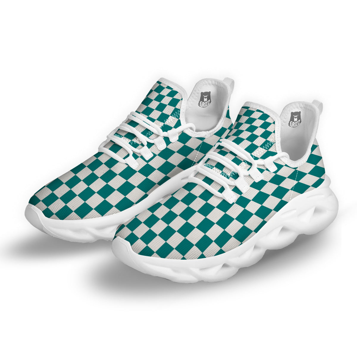 Teal Checkered Flag Print White Running Shoes-grizzshop