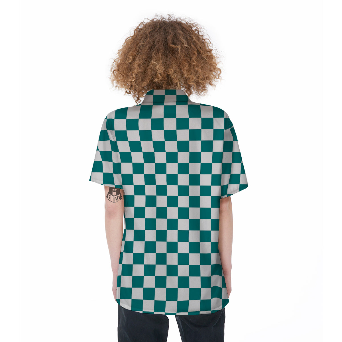Teal Checkered Flag Print Women's Short Sleeve Shirts-grizzshop
