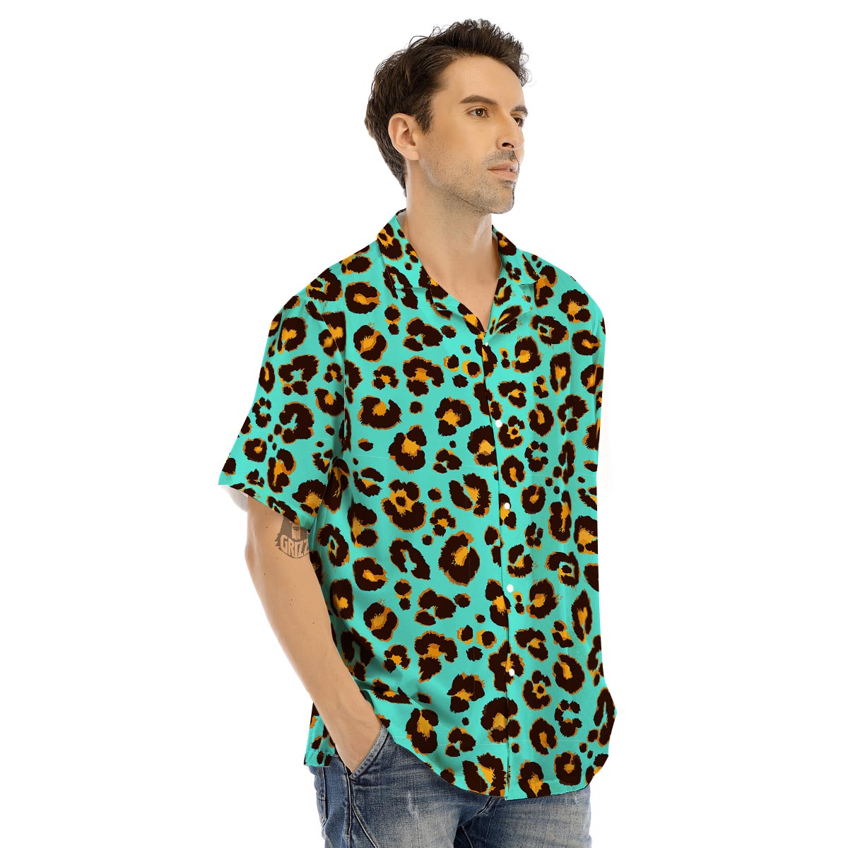 Teal Cheetah Men’s Hawaiian Shirt-grizzshop