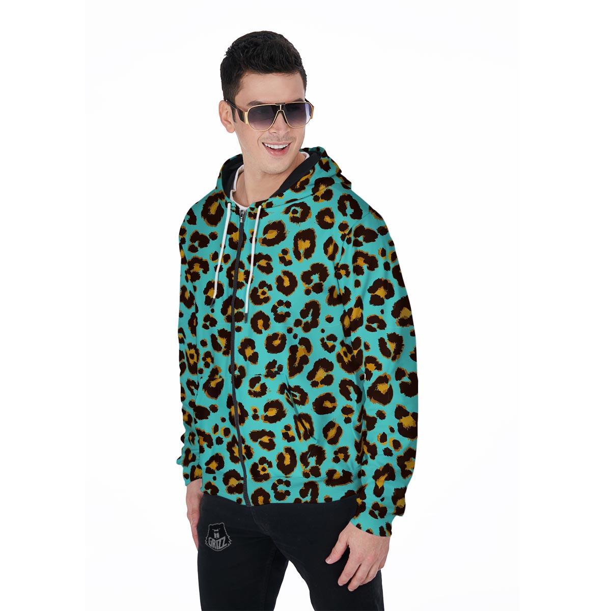 Teal Cheetah Men's Zip Up Hoodie-grizzshop