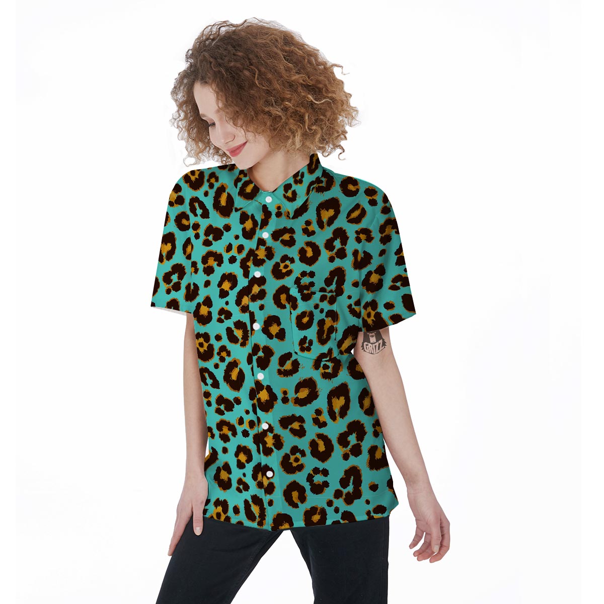 Teal Cheetah Women's Short Sleeve Shirts-grizzshop