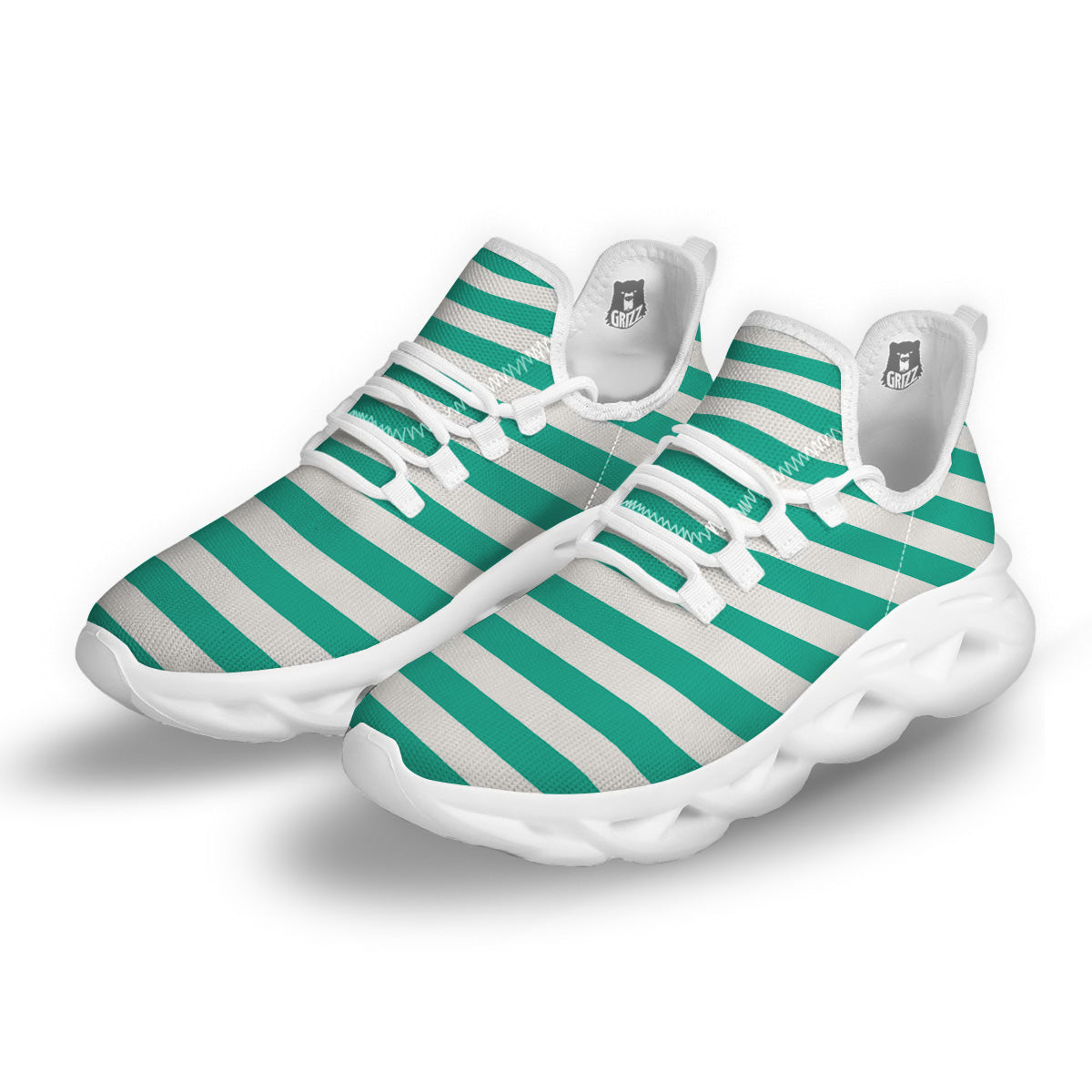 Teal Color Striped Print White Running Shoes-grizzshop
