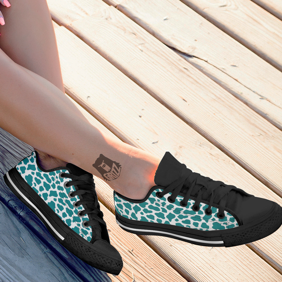 Teal Cow Print Pattern Black Low Top Shoes-grizzshop