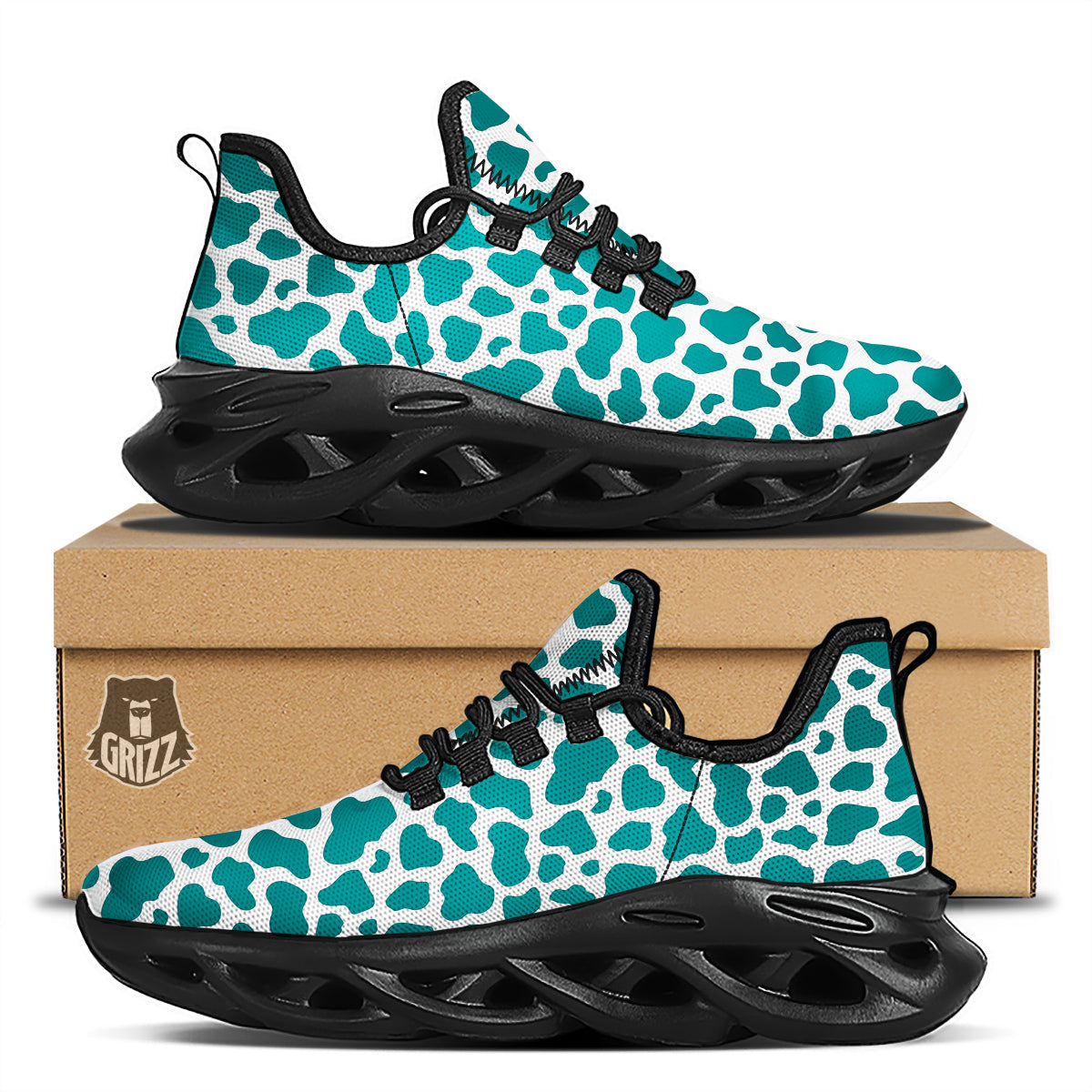 Teal Cow Print Pattern Black Running Shoes