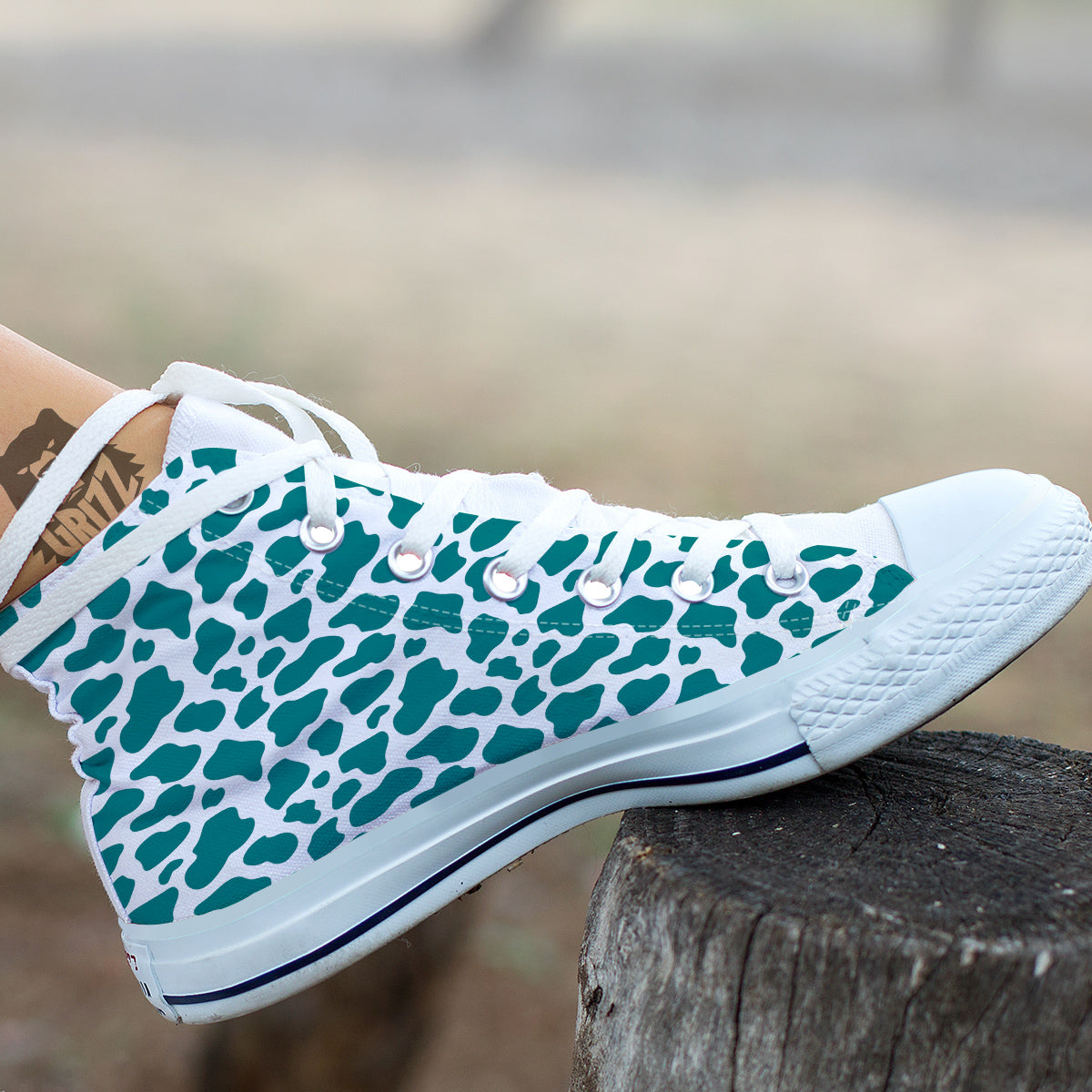 Teal Cow Print Pattern White High Top Shoes-grizzshop