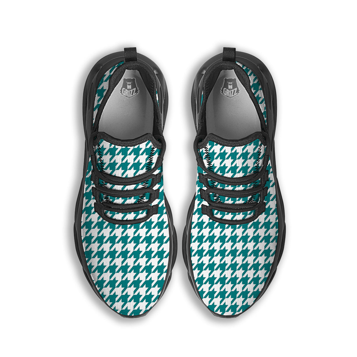 Teal Houndstooth Print Black Running Shoes-grizzshop