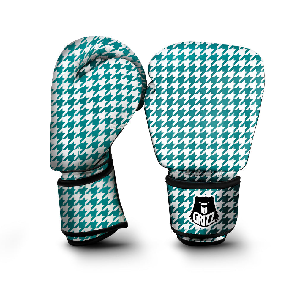 Teal Houndstooth Print Boxing Gloves-grizzshop