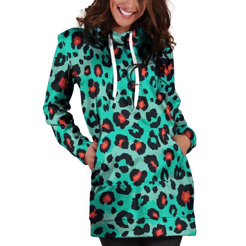 Teal Leopard Hoodie Dress-grizzshop