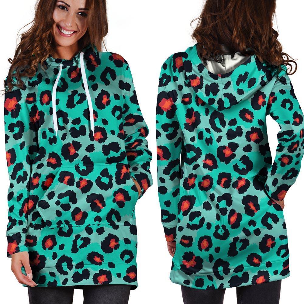 Teal Leopard Hoodie Dress-grizzshop