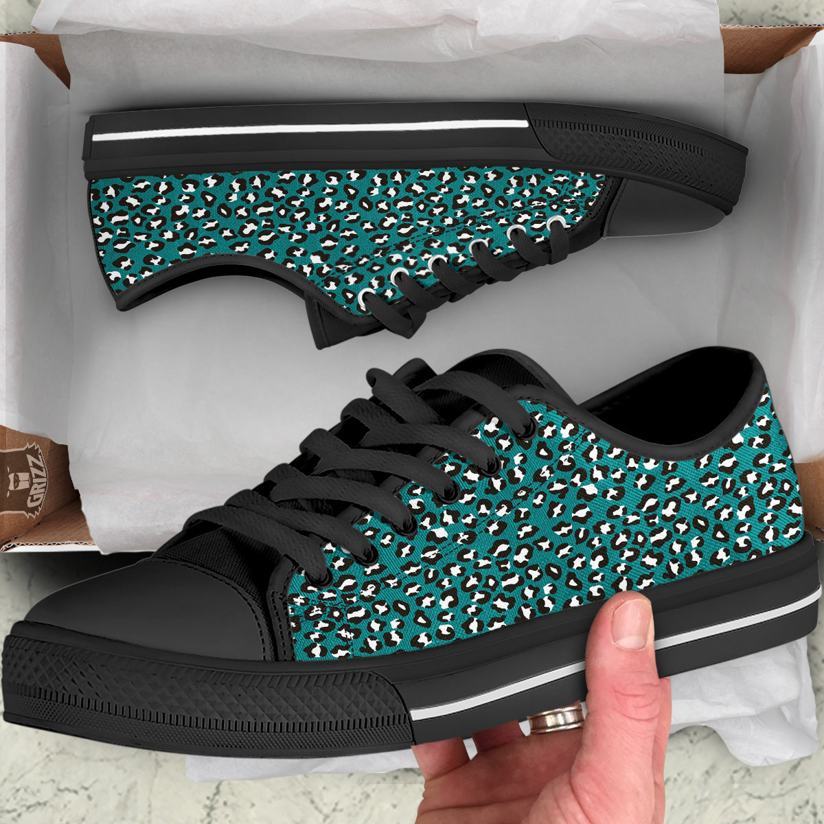 Teal Leopard Print Pattern Black Low Top Shoes-grizzshop